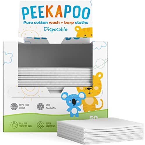 Peekapoo - 50 חבילה, כותנה מטליות לתינוקות + מטליות שטיפה | מתכלה + חד פעמי | מטליות רחצה רכות, עבות, בתים, בד צמצום היפואלרגני, מגבות נקיות XL, עור רגיש